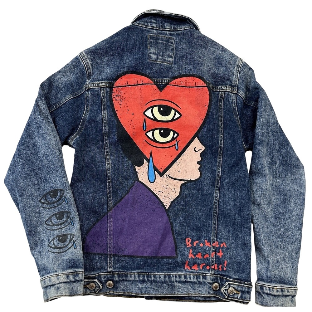 Zara Denim Jacket Mens‎ S Blue Excellent Broken Heart Heroes Graphic Trucker